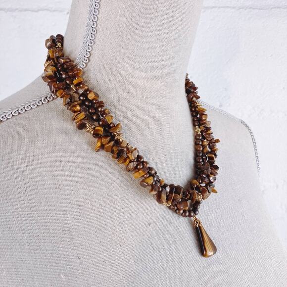 VTG Tiger's Eye Chip Bead Necklace Multi Strand 80s Gemstone Boho Jewelry 17" - Picture 5 of 11